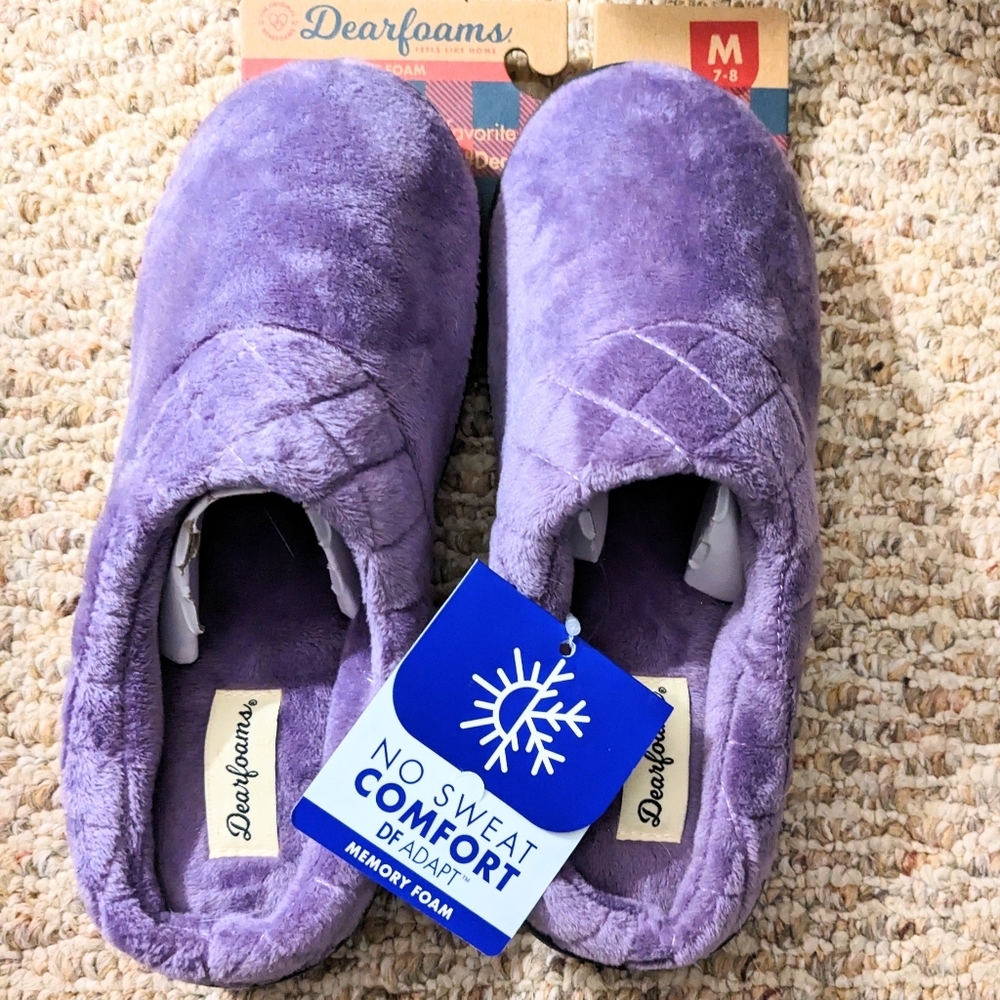 SLIDE-ON Purple Dearfoam Darcy Microfiber Velour Clog Slippers NWT